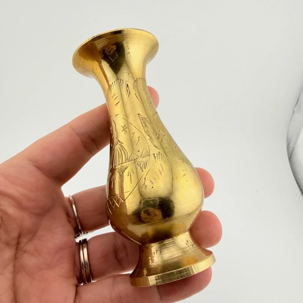 Small Gold Tone Etched Brass Bud Vase Scenic Hand Engraved Decor